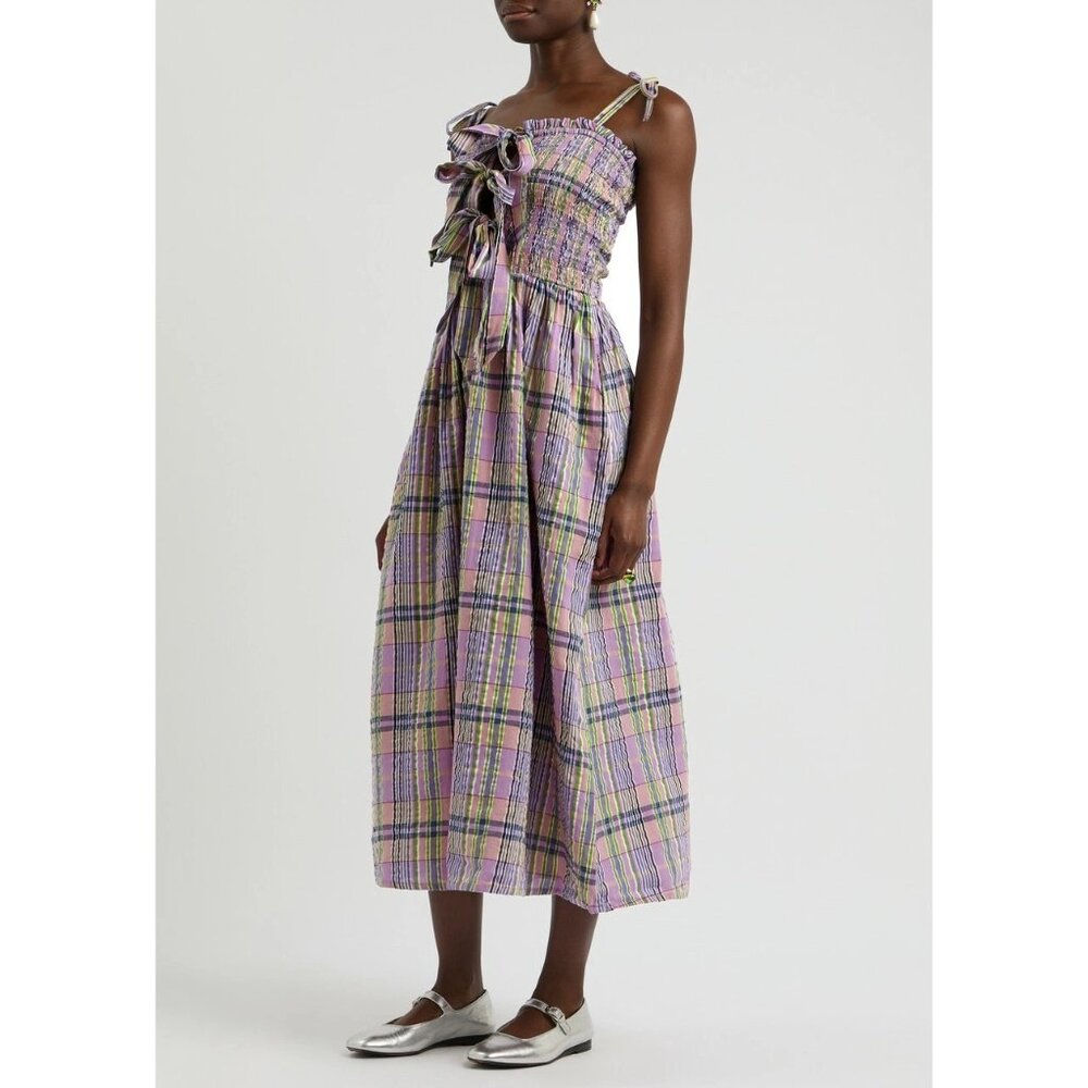DAMSON MADDER Plaid Midi Dress in Purple and Green
